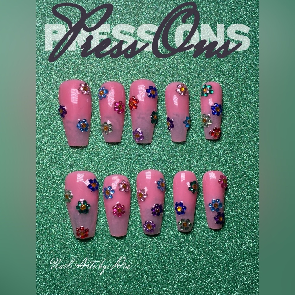 Pink Floral Rhinestone Press-On Nails